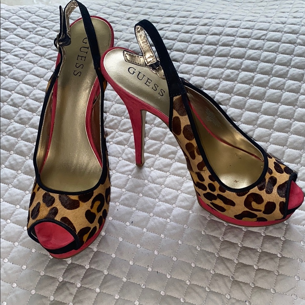 Guess Pink and Brown Heels with Leopard Print